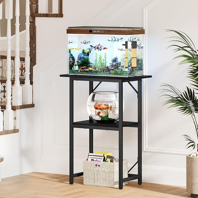Snughome 10-20 Gallon Fish Tank Stand, Aquarium Stand 2-Tier Storage Shelves, Heavy Duty Terrarium Stand for Home Office Fish Tank Shelf, 24" L x 11.81" W x 30.71" H, Black