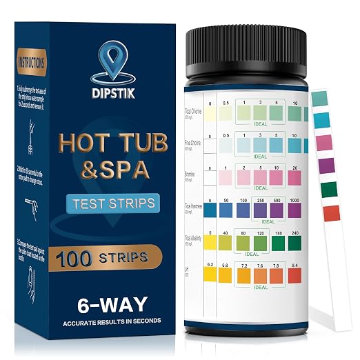 DIPSTIK Pool and Spa Test Strips-6 in 1 Hot Tub Test Strips,100 Counts | Accurate Swimming Water Test for pH, Total Hardness, Bromine, Free Chlorine, and Total Chlorine Test Strips,