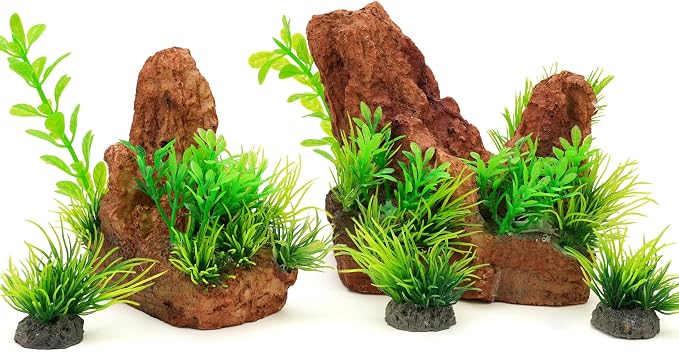 Fish Tank Decorations Artificial Small Resin Hideout Cave Plants | Resin hideout cave for fish tank decor, 6pcs aquarium decoration with lifelike plants, reduce stress for small tropical fish