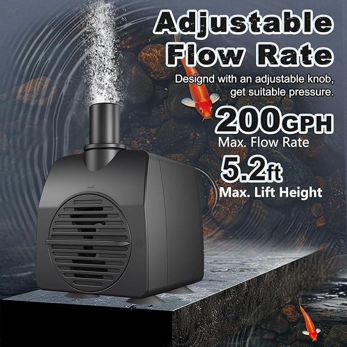 SongLong Submersible Pump 200GPH 5.2ft. High Lift for Fountains | with Over Heating Protection, Perfect for Hydroponics, Small Ponds, Aquariums, Fish Tank & More