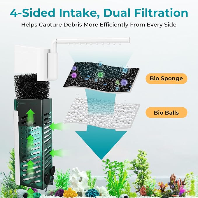 Small Aquarium Filter, 3.5W Internal Filter for 3-10 Gallon Fish Tanks | 80GPH F.Max, Quiet 30 dB, Aeration or Rainfall Mode, Adjustable Water Flow, Sponge & Filter Balls, Fits 3-10 Gallon Tanks
