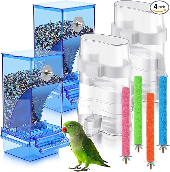 Yaomiao 8 Pcs No Mess Small Bird Feeders Automatic Parakeet Water Dispenser with 4 Pcs Cage Perch Clear Quail Feeder and Watered Cage Accessories for Small and Medium Parakeet Cockatiel Canary(Blue)