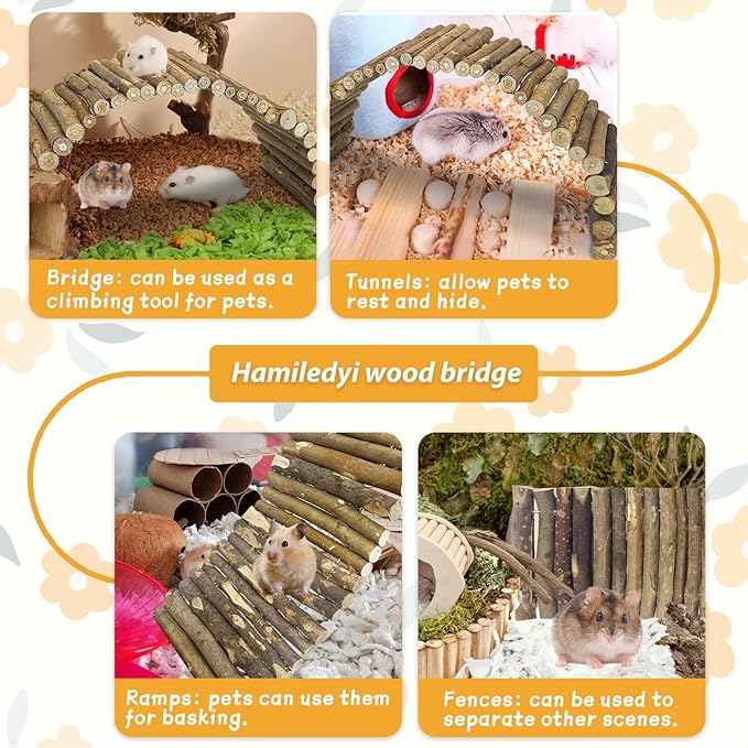 Hamiledyi Wooden Hamster Bridge Ladder 19.7" L x 5.9" W Large Climbing Toy Natural Hideout Tunnel Ramp Hamster Cage Accessories for Rabbits Guinea Pigs Ferret Tortoise Reptile (Pack of 2)