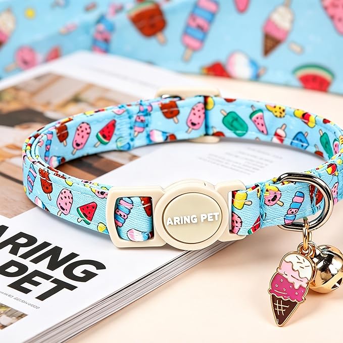 ARING PET 2 Pack Cat Collars with Bell, Cute Soft Cotton Kitten Kitty Breakaway Summer Cat Collars for Boy Girl Cats-Blue Ice Pop & Whale