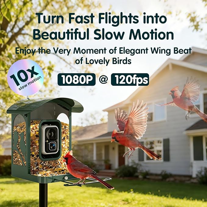 Bird Feeder with Camera, 4K Ultra HD Video with 30fps Live View, 10x Slow Motion, No Subscription, Solar Powered AI Smart Bird Feeder with Camera, 2.4G/5G Wi-Fi, Durable Metal,Bird Lover Gift