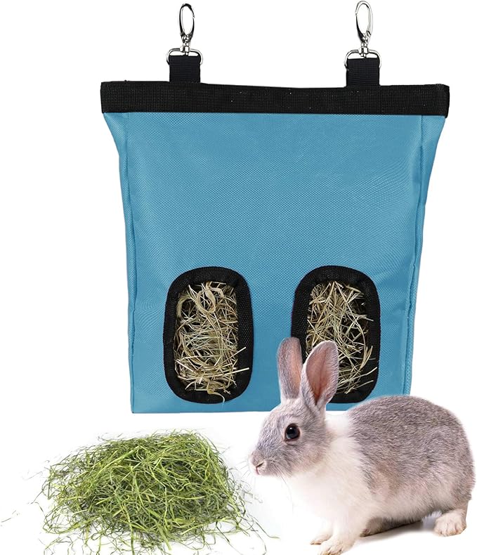 Rabbit Hay Feeder Bag Guinea Pigs Hanging Hay Rack Manger Holder Dispenser Small Animal Feeder Storage Pouch for Bunny Chinchilla Hamster (Blue, 2 Windows)