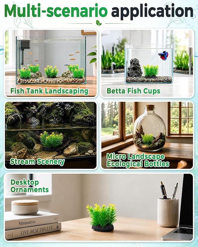 Moonorange 4pcs Artificial Flowers Plants Pine with Base Grass Fish Tank Plastic Landscape Decor