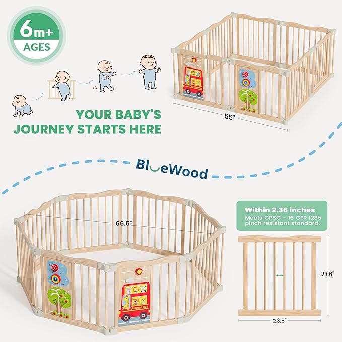 Foldable Wooden Playpen - Adjustable Wood Baby Play Yard with Child-Proof Lock, Indoor Large Safety Fence for Babies and Toddlers - Easy Assembly, 55 x 55 x 24 inches, Animal Bus, Natural