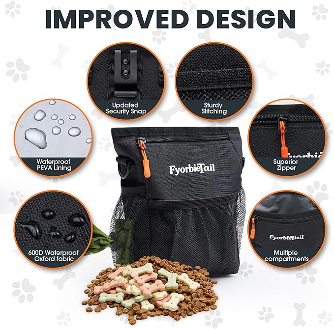 Dog Treat Pouch, 4 Cup Waterproof Dog Training Bag, Hands-Free 3 Ways to Wear, Magnetic Closure, Multi-Pocket, with 2 Rolls Poop Bags (Black)