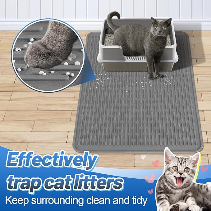 MEWTOGO Easy Clean Silicone Cat Mat for Litter Box - 33.7" x 22" Waterproof Non-Slip Kitty Litter Trapping Mat for Protecting Floor, Less-Mess Food Water Mat for Indoor, Gray