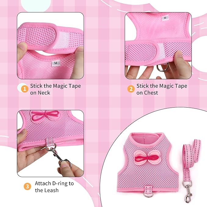 AIITLE Soft Breathable Bunny Harness Set - Escape-Proof Adjustable Vest, Lightweight Reflective Leash for Running, Hiking - Fits Rabbits, Guinea Pigs, Kittens Pink S