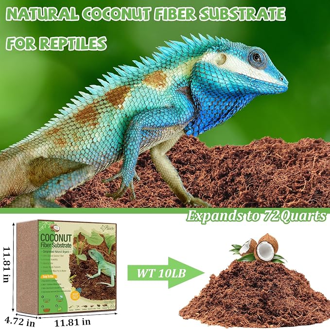 Riare 10 LB Natural Coconut Fiber Substrate, Coco Coir Reptile Bedding | Coconut Husk Reptile Substrate for Tortoises, Hermit Crabs, Snakes, Bearded Dragon, Geckos, Reptile Enclosure/Terrarium Setup