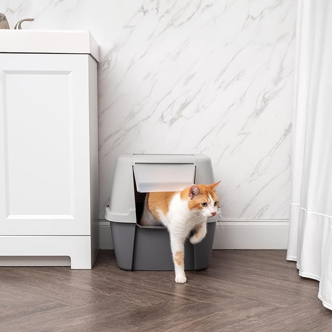 IRIS USA Cat Litter Box Large with Front Door Flap, Covered Enclosed Litter Box Enclosure with Scoop, Handle & Buckles for Portability & Privacy, Hidden Litter Pan, Gray