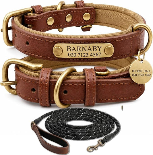 Leather Dog Collar Personalised and Leash Set, Personalized with Soft Padded Design Heavy Duty Featuring Custom Engraved Name Plate for Small Medium and Large Dogs
