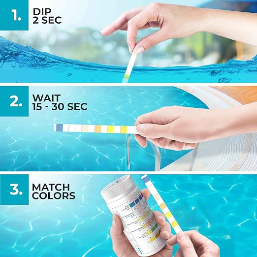 7 in 1 Pool and Spa Test Strips- Easy to Use Water Testing Kit for Pool, Spa, Hot Tub & More - Tester Strip for Water Hardness, Chlorine, Bromine, pH, Alkalinity and Cyanuric Acid (100 Strips)