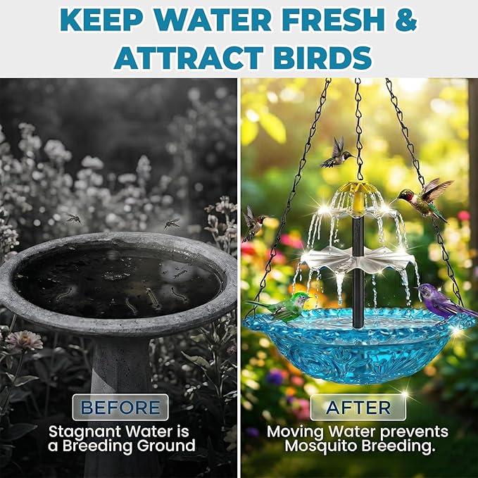 Solar Fountain for Bird Bath, Hanging Cascade Water Feature for Outdoor Garden & Yard Decor, Creates a Relaxing Flow that Attracts Birds (Blue)