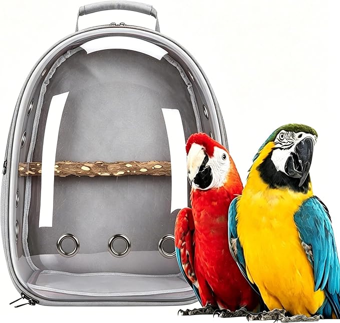 Bird Backpack, Lightweight and Breathable Outdoor Travel Backpack with 12 Breathable Holes, Wooden Pole, Adjustable Shoulder Strap for Birds and Pets (Grey)