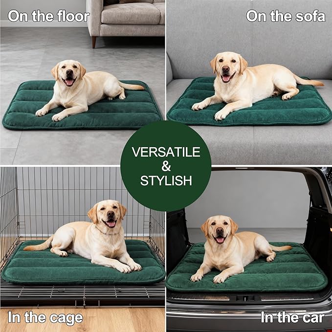 Dog Bed Mat, Reversible Dog Crate Pad with Washable Kennel Mat and Soft Foam, Flat Pet Bed for Dogs & Cats, for Crates Carriers & Travel (Green, 34" L*20" W*1.5" Th)