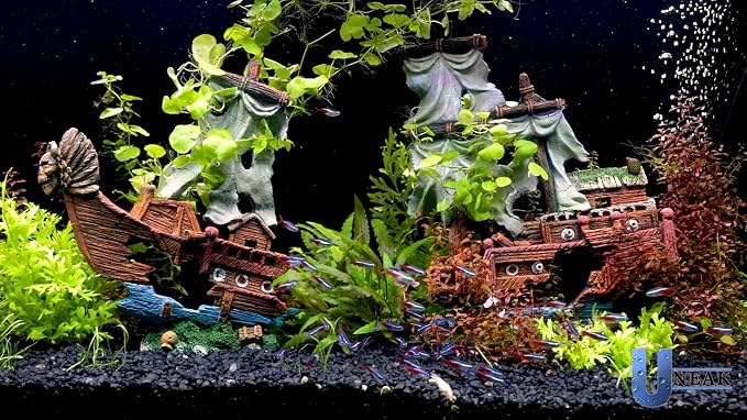 XXL Shipwreck Aquarium Large Decorations Ornament w/Sail (2 Pieces) 20 Gallons high and Larger Fish Tank, Sunken Ship Decoration Ornaments, Pirate Boat, Resin, Freshwater Saltwater Decor