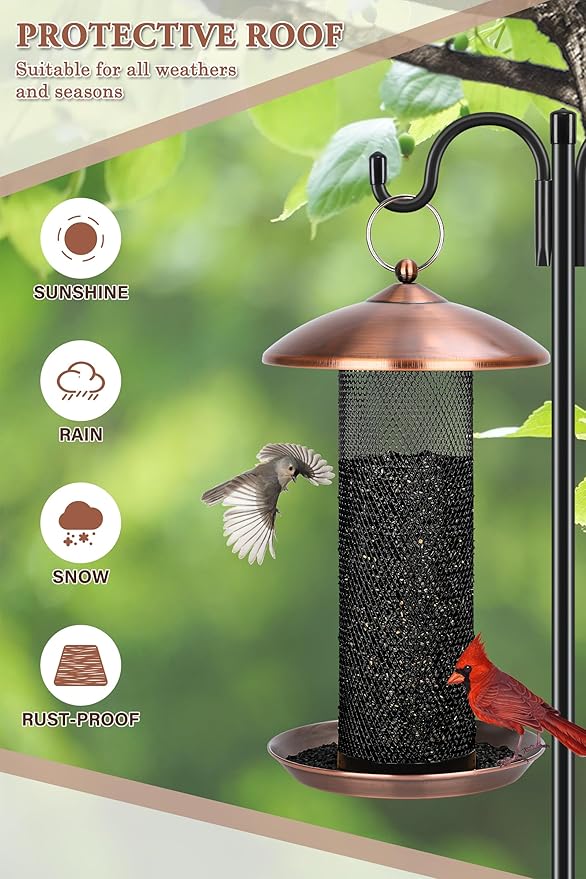 Gtongoko Finch Bird Feeders for Outdoors 2.5 LB Capacity Squirrel Proof Metal Mesh Tube Bird Feeders Thistle & Nyjer Seed Hanging Feeder, Copper, 1 Pack