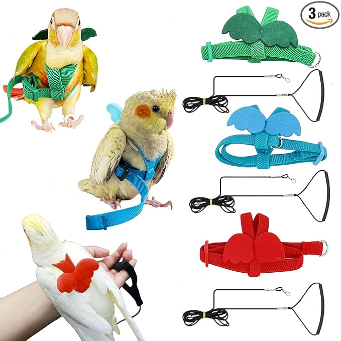 3 Sets Pet Parrot Bird Harness and Leash with Cute Wing, Adjustable Bird Flying Harness Straps Outdoor Training Traction Rope for Parrots Pigeons Lovebird Cockatiel(L,Red,Green&Blue)