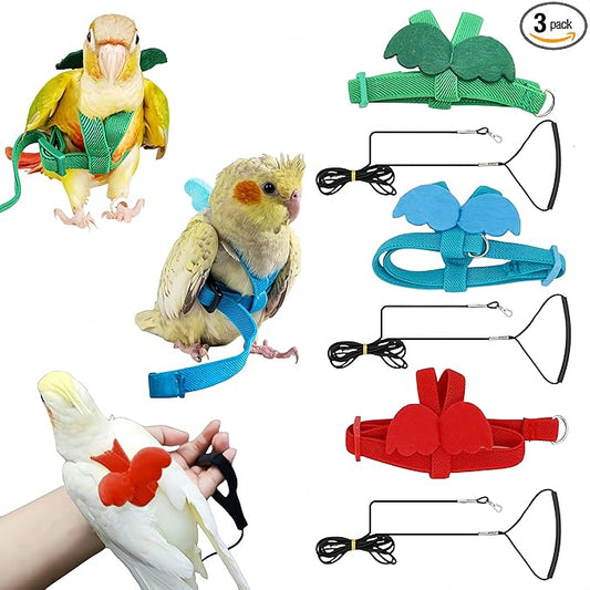 3 Sets Pet Parrot Bird Harness and Leash with Cute Wing, Adjustable Bird Flying Harness Straps Outdoor Training Traction Rope for Parrots Pigeons Lovebird Cockatiel(L,Red,Green&Blue)