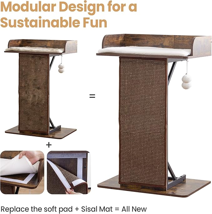 Modern Wood Cat Tree Tower for Indoor Large Cats, 33.8-Inch Tall Wooden Cat Trees with Big Perch Bed, Cat Scratching Pads, Washable Cushions and Scratching Mat, Cat Furniture, Rustic Brown