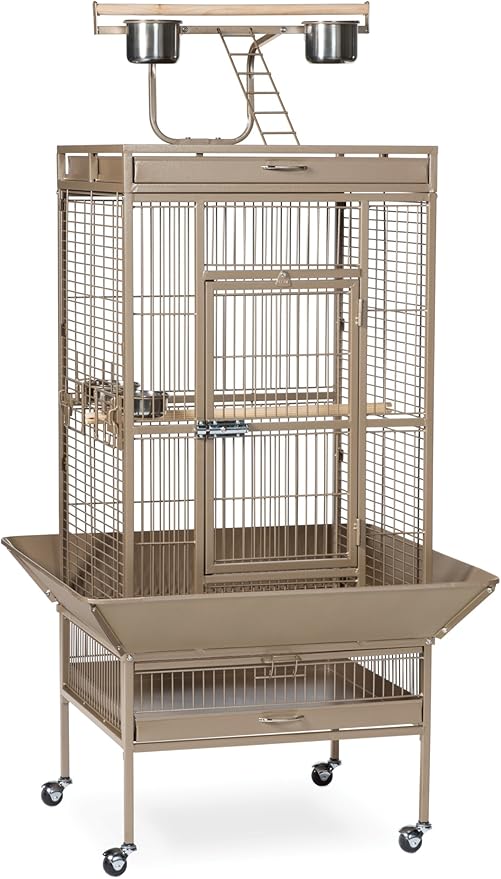 Prevue Pet Products Playtop Bird Home - Large Wrought Iron Bird Cage with Rolling Stand, Ideal for Cockatiels, Conures, and Medium to Large Parrots, Heavy Duty Push Button Door Lock - Beige