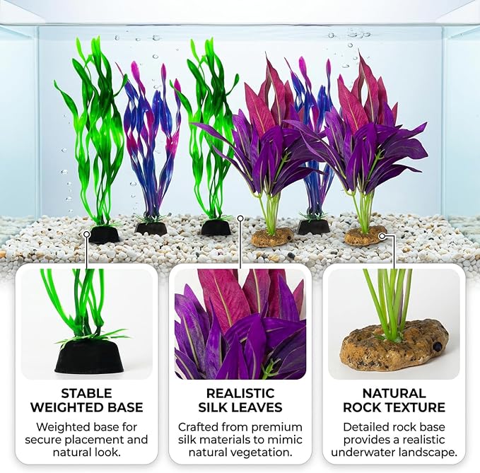 Silk Plants for Fish Tank, 6-Piece Silk Aquarium Plants Set for Betta Fish and Small Tanks, Realistic Resin-Based Aquarium Decorations with Low Maintenance Needs