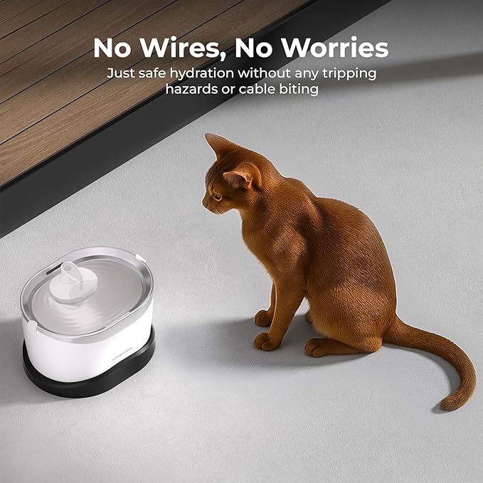 Whiskertons Wireless Cat Water Fountain, Cordless Battery Operated Pet Fountain, 3L/101oz EverMount Cat Fountain, Pet Water Fountains for Cats Indoor, Stainless Steel Tray, Easy to Clean, BPA-Free