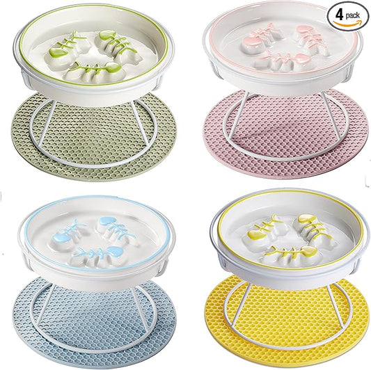 Raised Cat Dog Slow Feeder Bowl with Stand, Cat Slow Bowl for Wet Food and Dry Food, Stop Vomit and Choking, Slow Down Eating Speed, Ceramic Elevated Slow Cat Bowls, Whisker Friendly Pet Puzzle Feeder