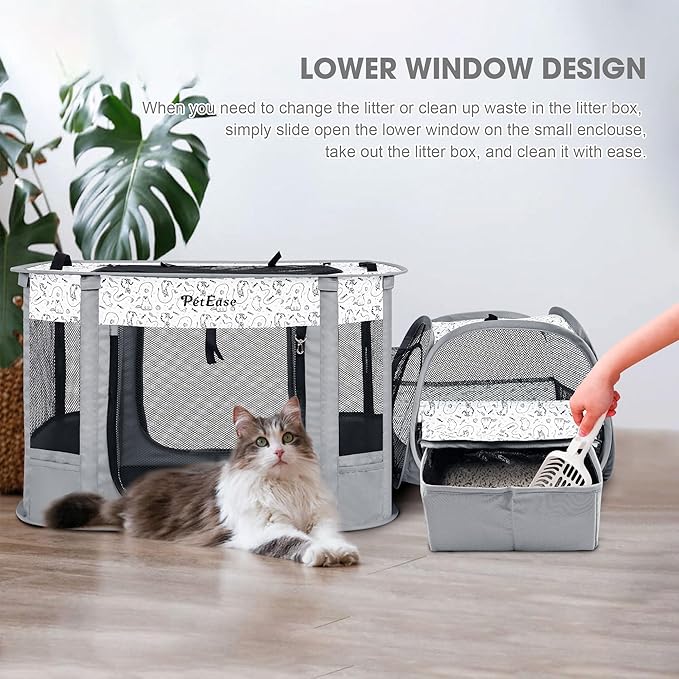 Portable Cat Playpen with Litter Box, Cat Enclosure for Camping, Cat Recovery Playpen After Surgery, Foldable Indoor Outdoor Pet Tent for Cats Rabbits Puppies (Light Gray)