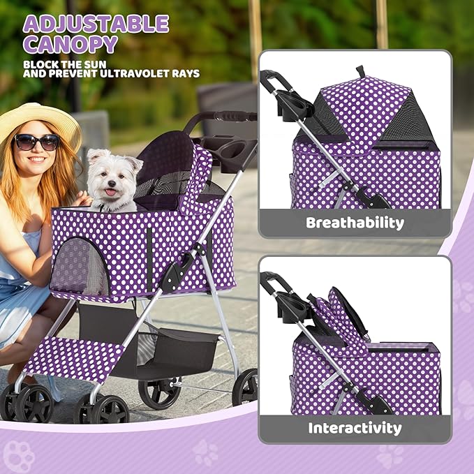 Magshion Foldable Pet Stroller, 3-in-1 Dog Travel Jogger with Detachable Carrier, Cup Holder, Storage Basket, Folding Carrier for Small/Medium Dogs & Cats Up to 33 lbs, Purple Polka Dots