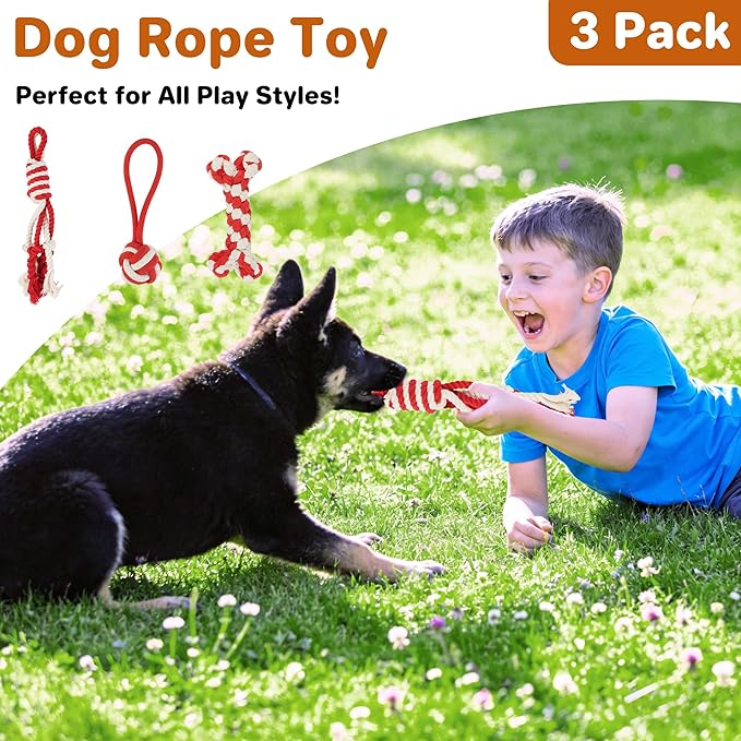 3 Pack Cotton Rope Dog Toy Set, Indestructible Chew Toys for Aggressive Chewers, Puppy Teething Toys with Bone, Human & Rope Dog Ball Designs for Boredom Relief & Tug of War， Red-White