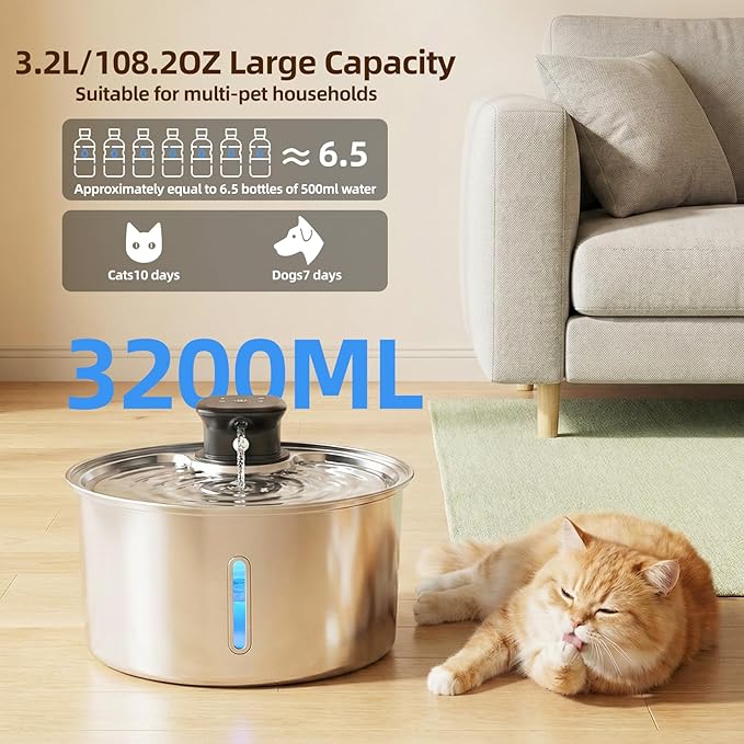 Wireless Cat Water Fountain,Cat Water Fountain Stainless Steel 3.2L/108oz Large Capacity Battery Operated Pet Water Fountain Indoor with Motion Sensor for Cats Dogs BPA-Free