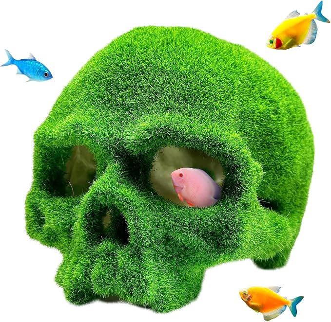 Tfwadmx Mossy Skull Aquarium Decor, Resin Fish Tank Decorations Shrimp Cave Aquarium Betta Fish Hiedout Reptile House for Small Fish