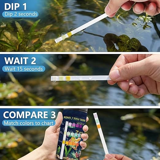 7-in-1 Pond & Fish Tank Test Strips - 100 Count | Fast 30s Water Test Kit for Carbonate, pH, Hardness, Chlorine, Nitrate, Nitrite | Freshwater & Saltwater Aquariums