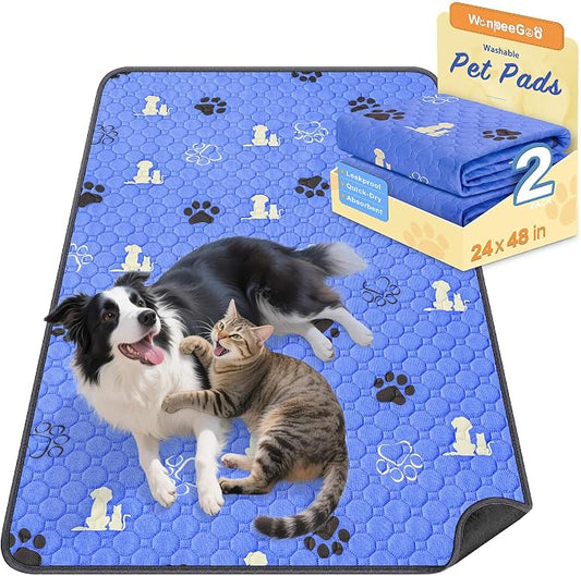 WanpeeGoo Washable Pee Pads, Puppy Pee Pad for Dogs, 2 Pack Absorbent Reusable Training Dog Pads Pet Puppy Pads, Non-Slip Potty Pads for Whelping, Playpen, Crate, Bed, Blue 24"x48"