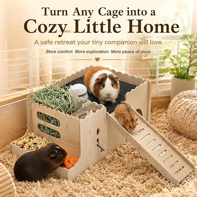Large Guinea Pig Hideout, Hamster Hideout, with ramp, Easy to Assemble, Sturdy Wooden Small Animal Bed Platform, with Water Bottle, Granary, Used for Small Animal House Habitat or Hamster Hideout