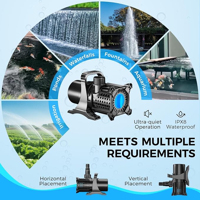 Pond Pump, 5500 GPH Adjustable Flow Submersible Water Pump with Filter Bag, Copper Motor, IPX8 Waterproof for Outdoor Koi Pond, Fountain, Waterfall, Hydroponics
