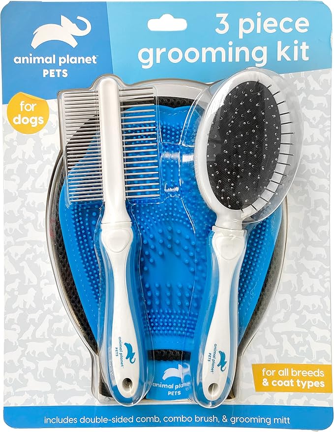 Animal Planet Pet Daily Grooming Kit (3 Pack) Reversible Grooming Glove, Double Sided Comb, Double Sided Brush. for Dogs & Cats, Good for All Breeds & All Types of Coats