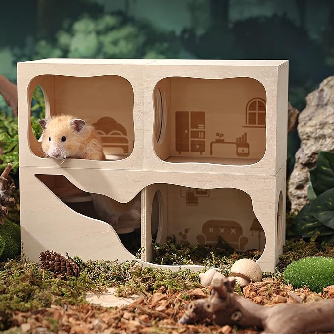Hamster Hideout Wooden House Chamber Small Animals Pets Tunnel Exploring Toys Secret Peep Shed for Dwarf Hamsters, Syrian Hamsters, Gerbils, Hedgehogs, Rats, Mice (Bedroom)