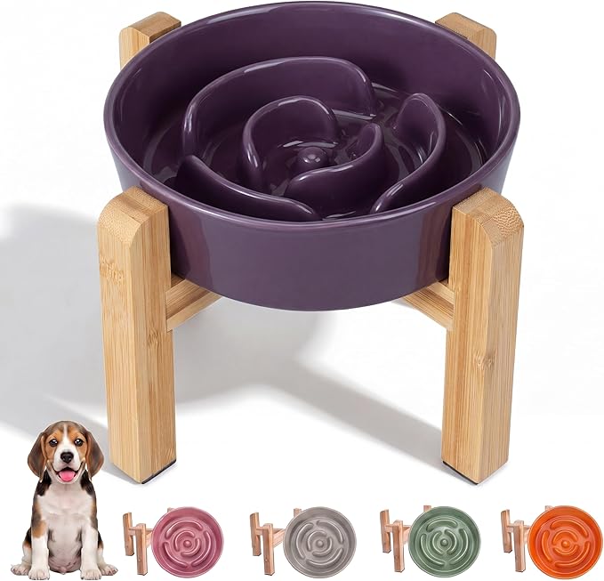 Elevated Slow Feeder Dog Bowl - Ceramic Maze Food Dish with Bamboo Stand - Raised Feeding Bowl for Fast Eaters - Ideal for Small and Medium Dogs - Purple - 6.7 inch