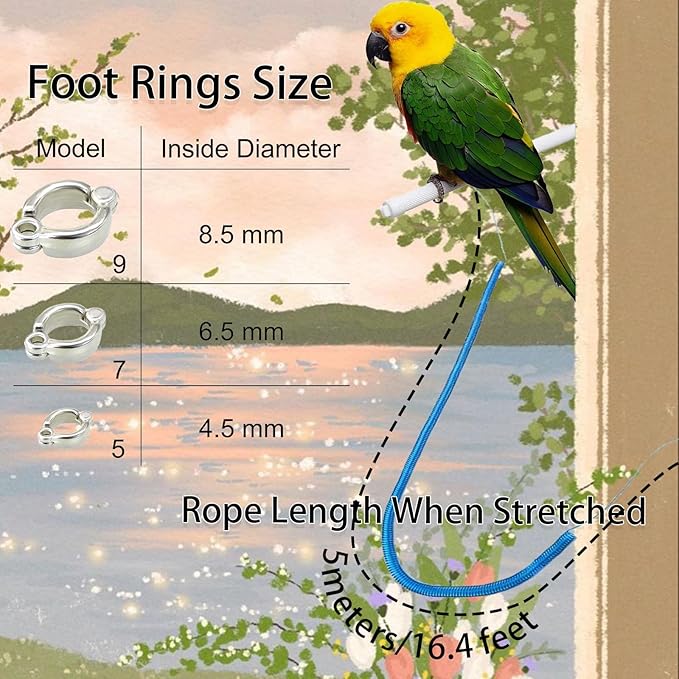 Bird Leash, Anti-Bite Bird Harness Retractable Parrot Flying Rope with 3Pcs Different Sizes of Foot Rings, Elastic String Training Harness Parrot Flight Rope (Blue, 197 Inches)