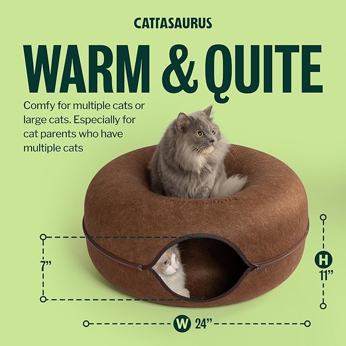 Cattasaurus Peekaboo Cat Cave Donut for Multiple & Large Cats up to 30-45 lbs, 3-in-1 Self Warming Cat Bed, Tunnel & Scratcher for Indoor Cats, Washable & Detachable Small Dog Bed (Brown, Large)