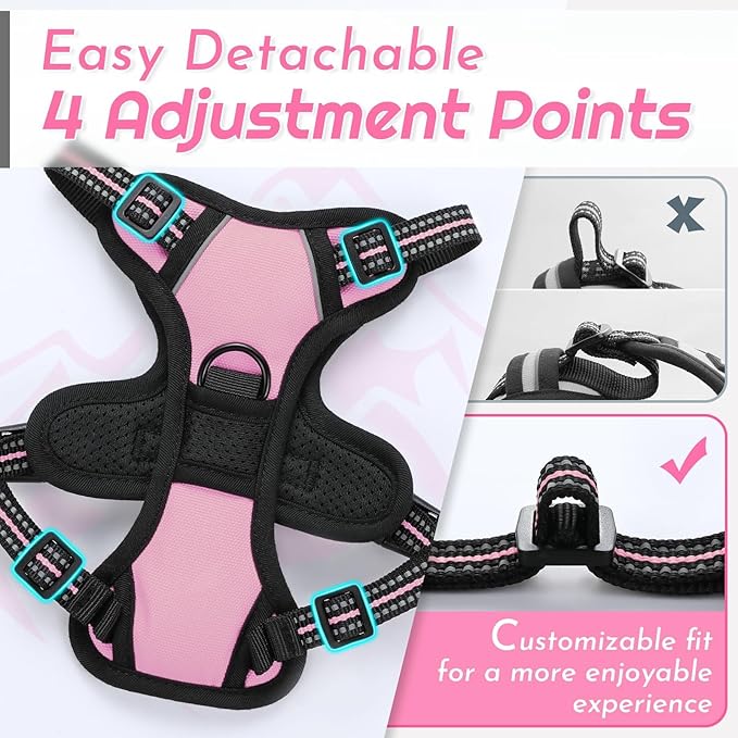 Eagloo Small Dog Harness No Pull, Service Vest with Reflective Strips and Control Handle, Adjustable and Comfortable for Walking, No Choke Pet Harness with 2 Metal Rings, Pink, XS