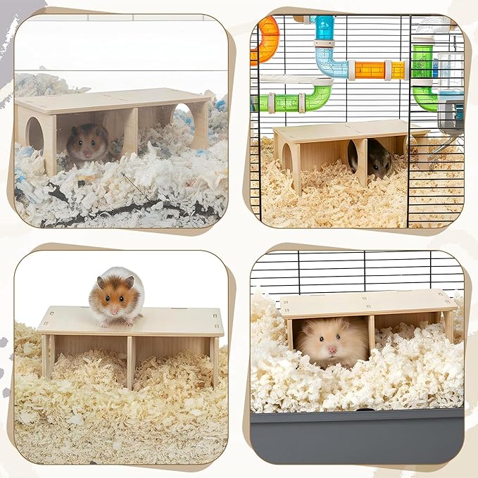 Wooden Hamster Hideout, 2 Chamber Hideout Tunnel Exploring Toy with Peep Windows Wood Cage Accessories for Gerbils Mice Rats