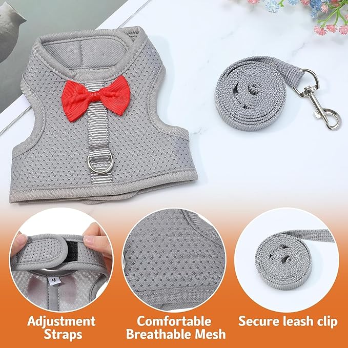 Pink Rabbit Harness and Leash Set, with Cute Bow Soft Breathable Mesh Bunny Vest Harness for Rabbits Kitten Ferret Puppy Small Pets Walking, M
