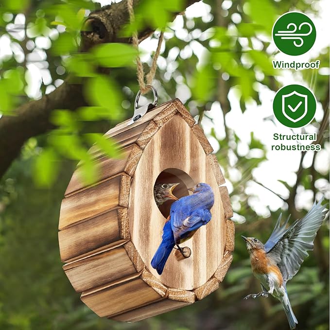 NATUREYLWL Hummingbird House for Outside - Natural Wooden Birdhouse for Bluebirds, Finches, Cardinals - Small Hanging Bird Nesting Box for Garden, Patio, or Yard - 5.9" D x 4.1" W x 3.8" H