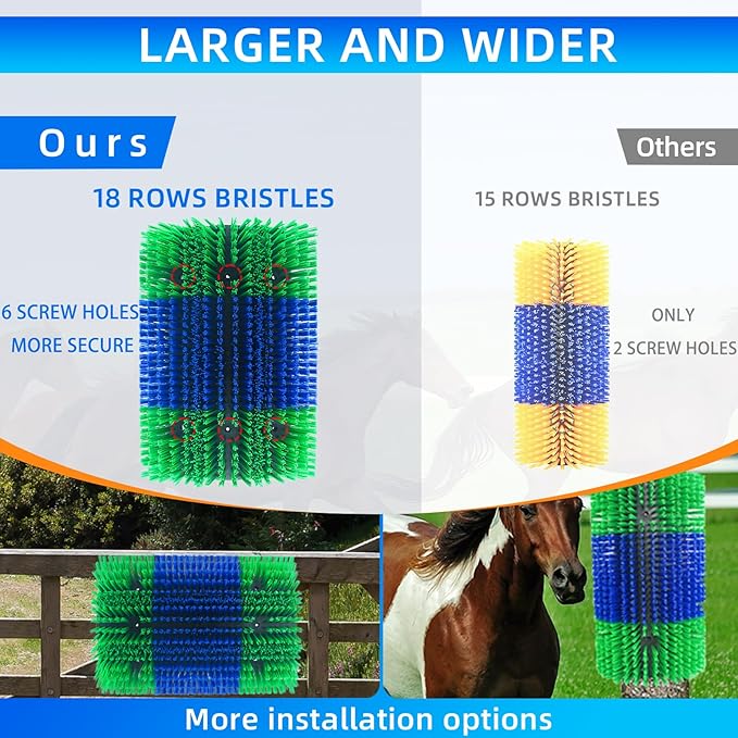 Extra Large Size Livestock Scratching Brush, Upgraded Horse/Goat/Cow/Cattle Scratcher Brush for Grooming, Itch Relief Horse Scratcher Brushes Kit with Two Sets of Mounting Screws(8-Pack,Green)